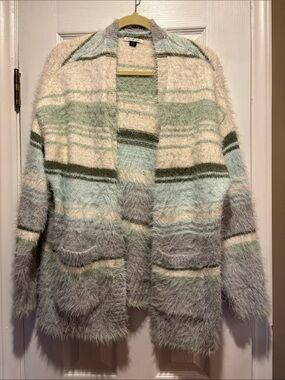 American Eagle Whoa So Cozy Fuzzy Striped Cardigan Green Gray Medium